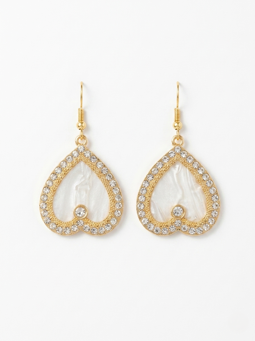 Heart Shape Mother-of-Pearl Earrings – Gold with Gemstone Border