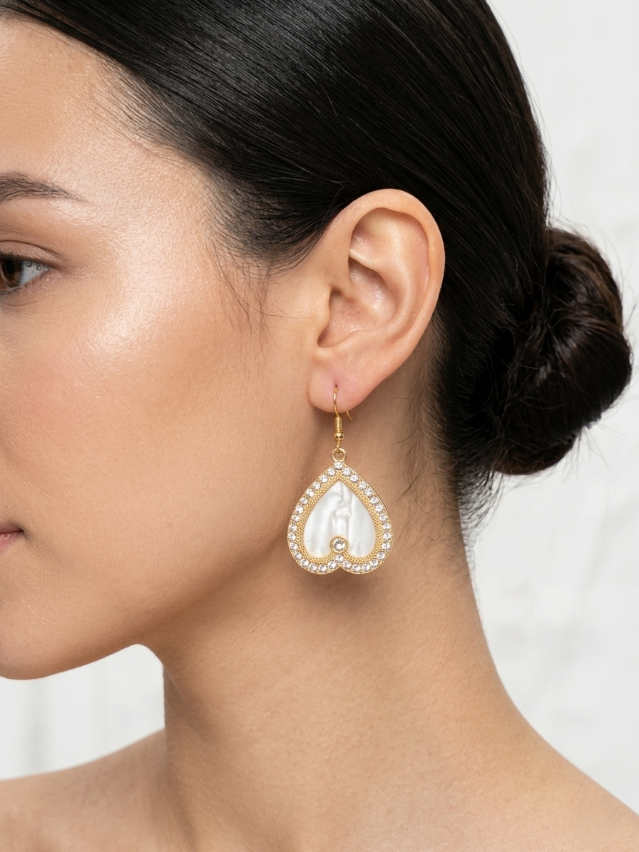 Heart Shape Mother-of-Pearl Earrings – Gold with Gemstone Border
