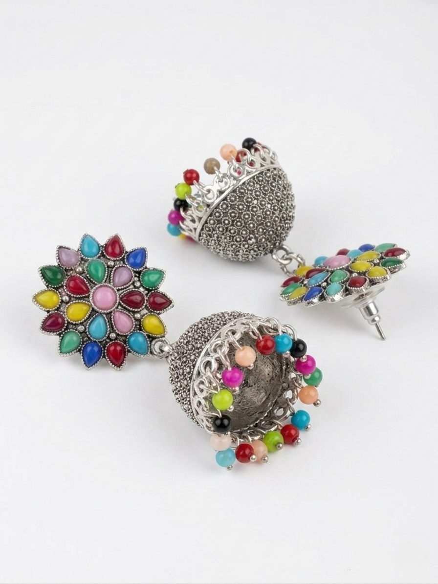 Multicolor Gemstone Silver Jhumka Earrings – Handcrafted Floral Ethnic Drop Earrings with Pearl Lace Accents
