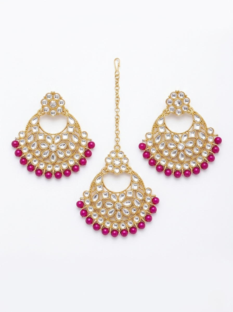 Traditional Flower Motif Chandbali Earring Set with Matching Tikka
