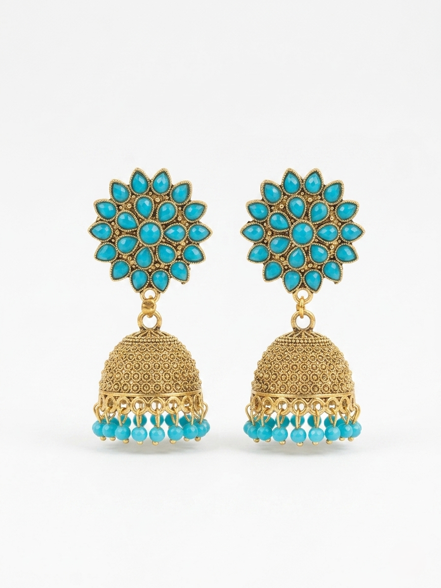 Gold Turquoise Jhumka Earrings – Floral Ethnic Handcrafted Drop Earrings with Beaded Fringe