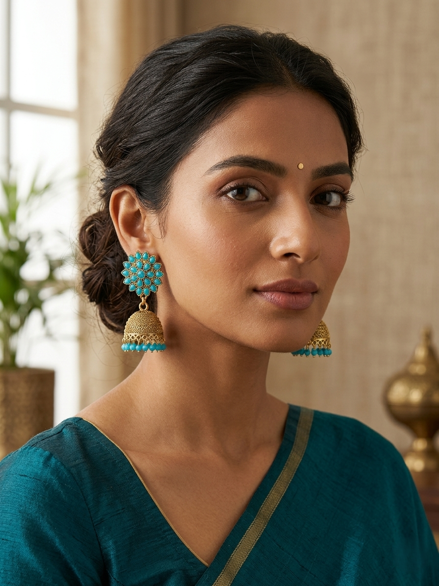 Gold Turquoise Jhumka Earrings – Floral Ethnic Handcrafted Drop Earrings with Beaded Fringe