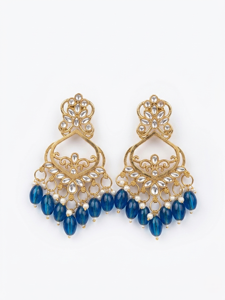 Antique Gold-Plated Royal Blue Chandbali Earrings with Kundan Accents