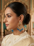 Antique Gold-Plated Royal Blue Chandbali Earrings with Kundan Accents