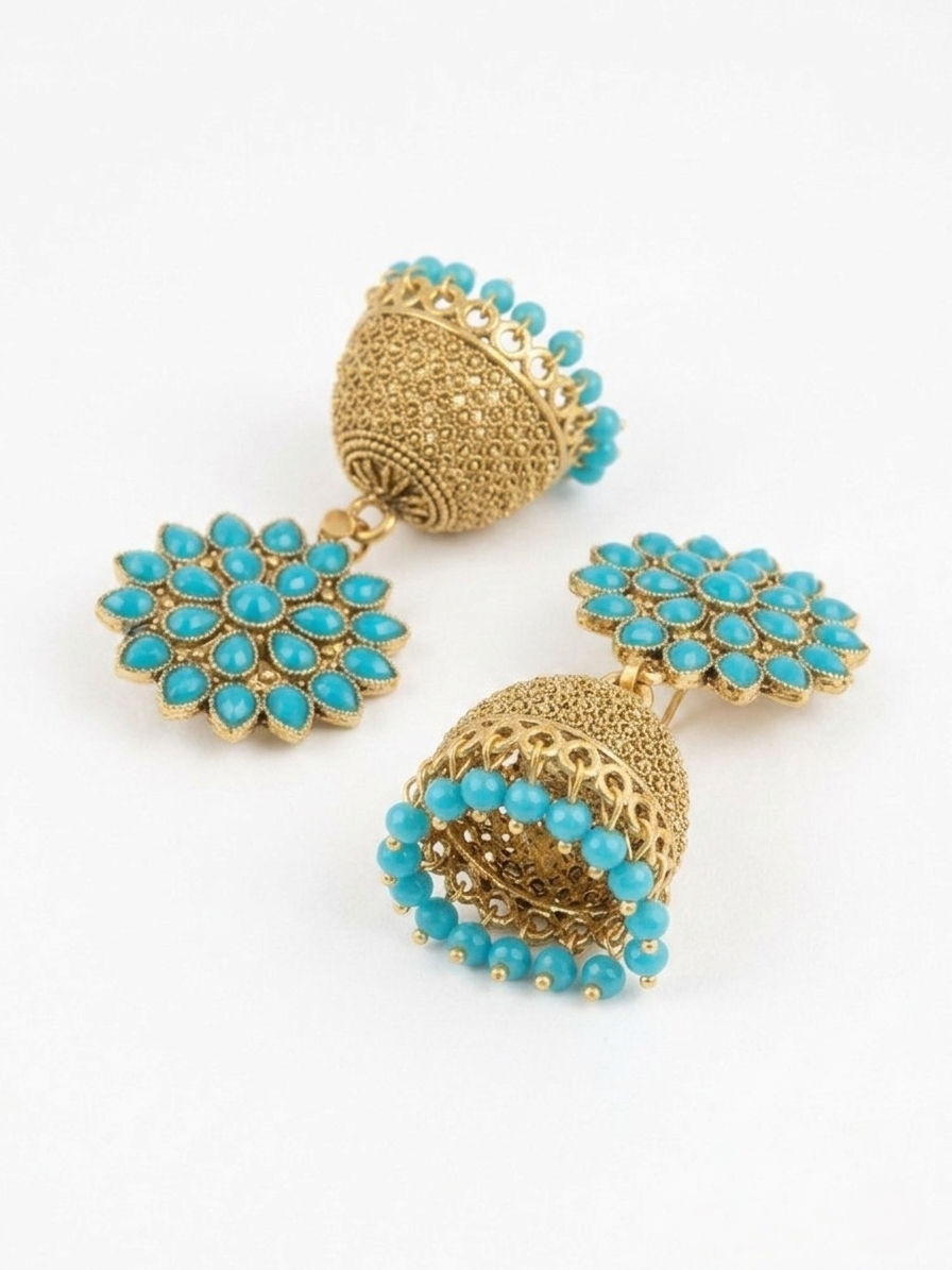 Gold Turquoise Jhumka Earrings – Floral Ethnic Handcrafted Drop Earrings with Beaded Fringe