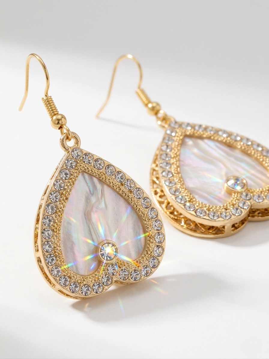 Heart Shape Mother-of-Pearl Earrings – Gold with Gemstone Border