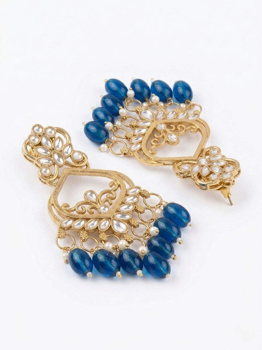 Antique Gold-Plated Royal Blue Chandbali Earrings with Kundan Accents