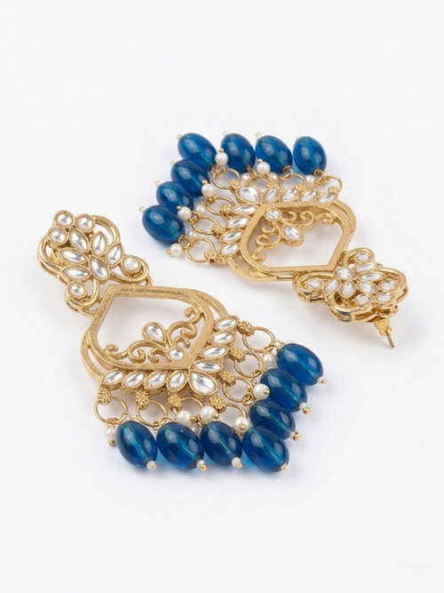 Antique Gold-Plated Royal Blue Chandbali Earrings with Kundan Accents