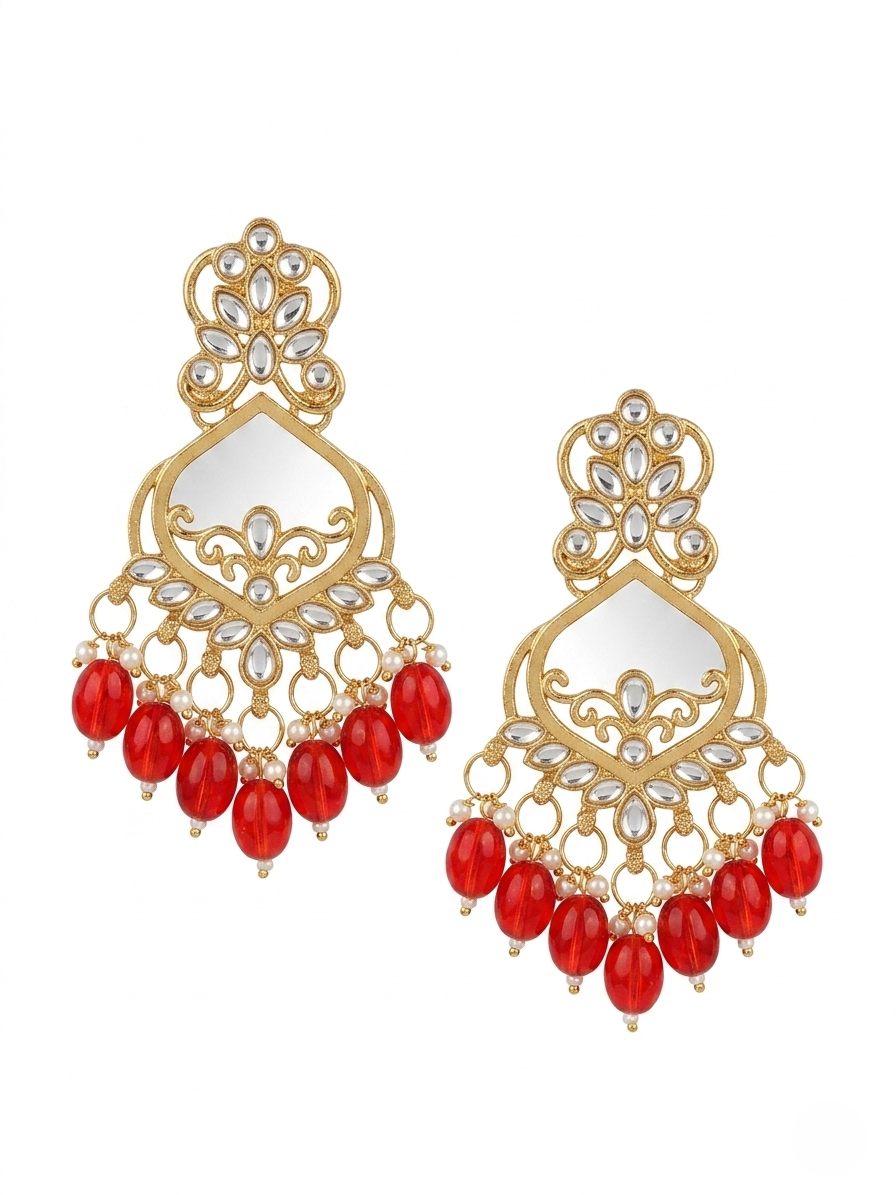 Gold-Plated Red Bead Chandbali Earrings with Sheesha Mirror Work