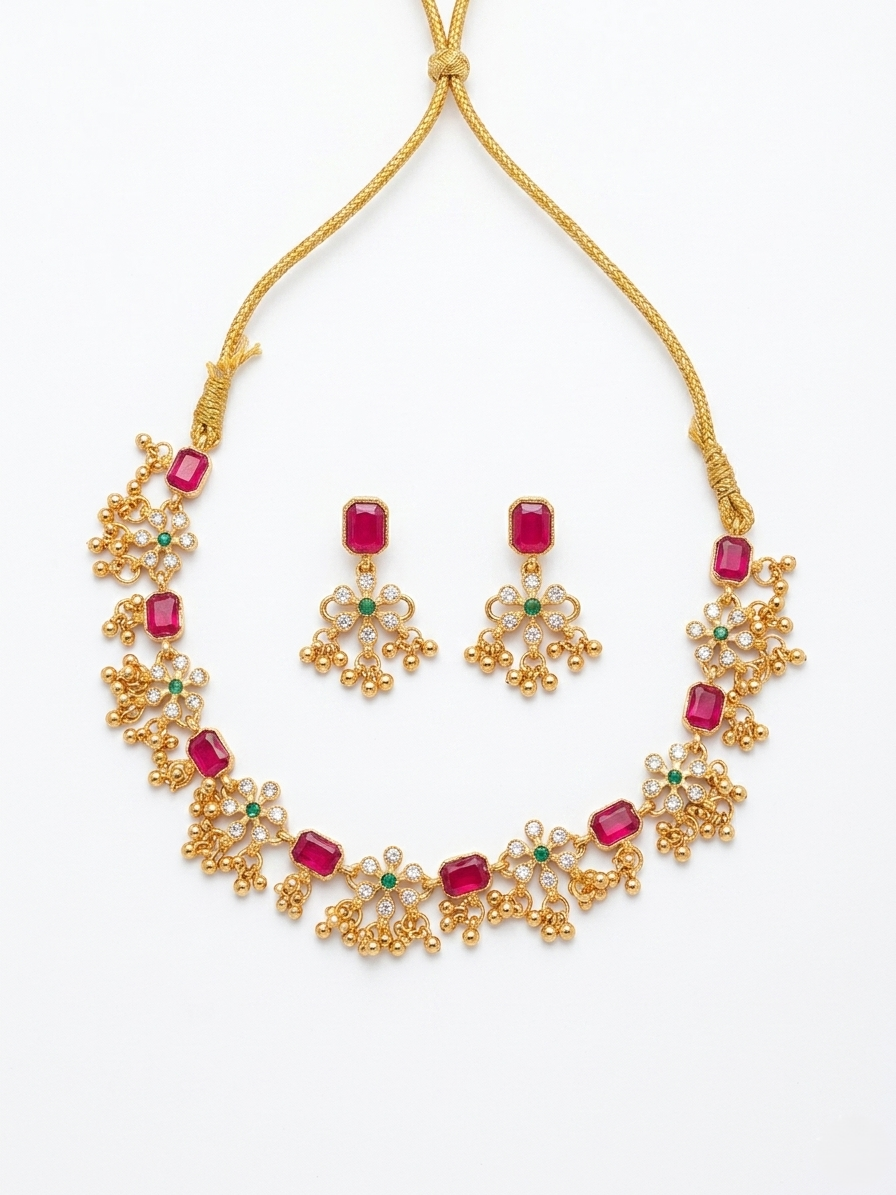 Royal Ruby & Emerald Floral Necklace Set