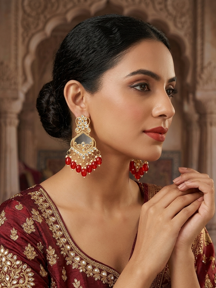 Gold-Plated Red Bead Chandbali Earrings with Sheesha Mirror Work