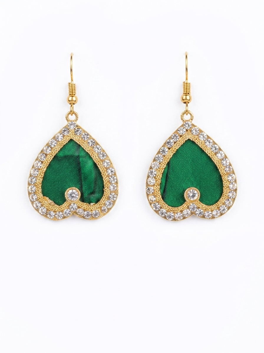 Green Enamel Heart & Crystal Gold Stud Earrings