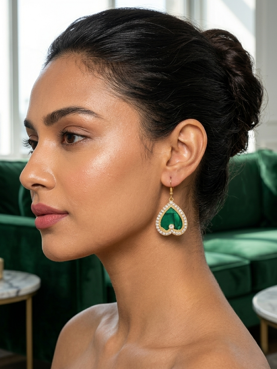 Green Enamel Heart & Crystal Gold Stud Earrings