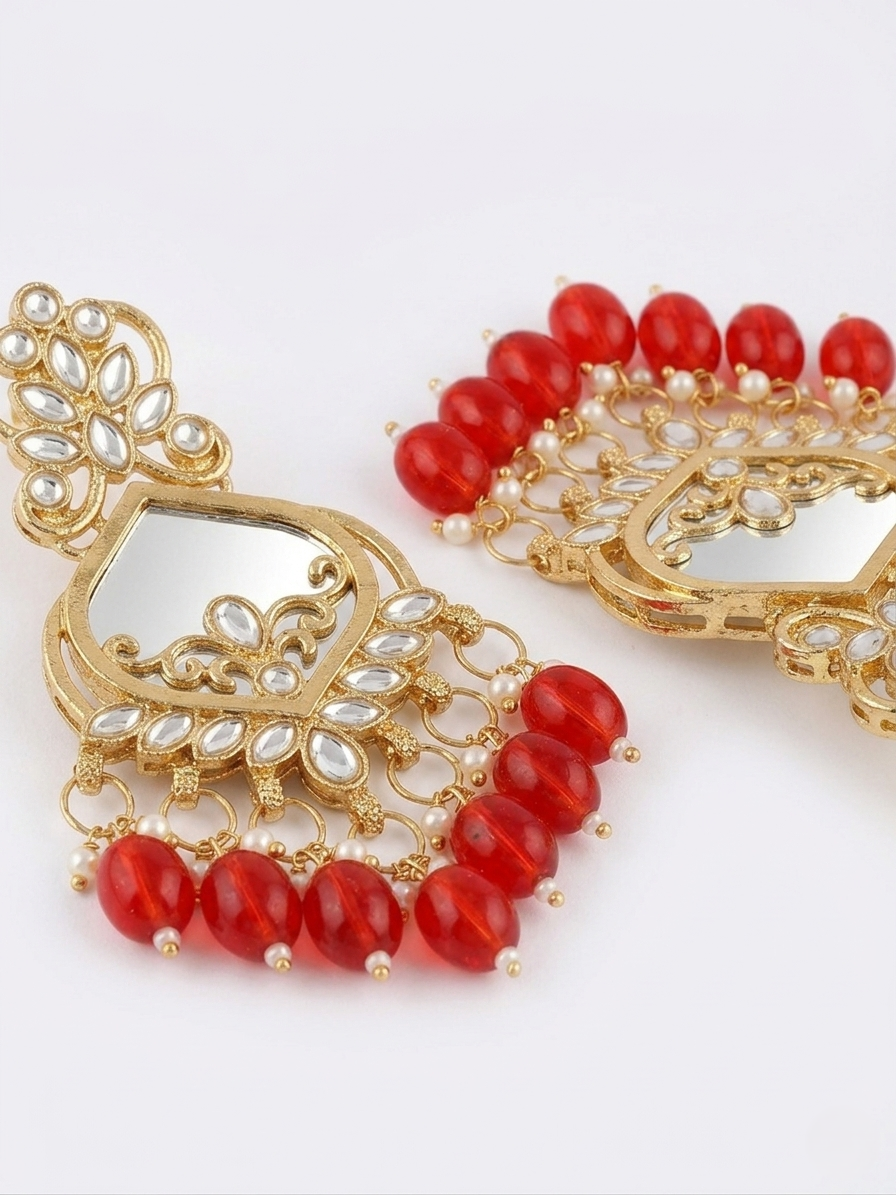 Gold-Plated Red Bead Chandbali Earrings with Sheesha Mirror Work