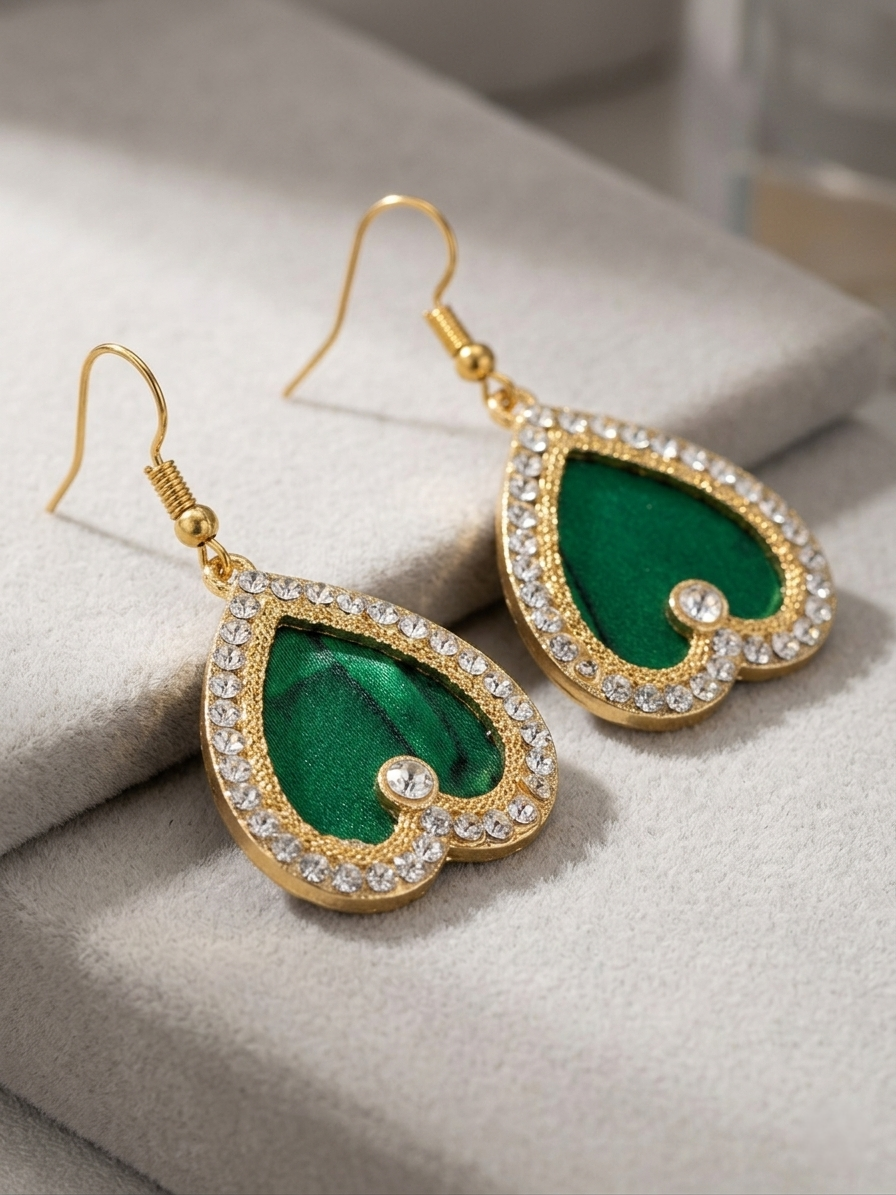 Green Crystal Diamond Drop Earrings – Gold & Rhinestone