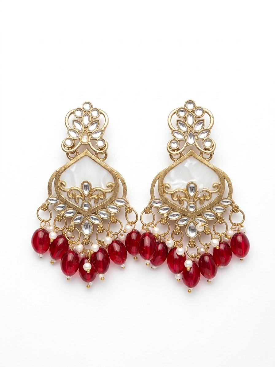 Antique Gold-Plated Ruby Red Chandbali Earrings with Mother-of-Pearl Inlay