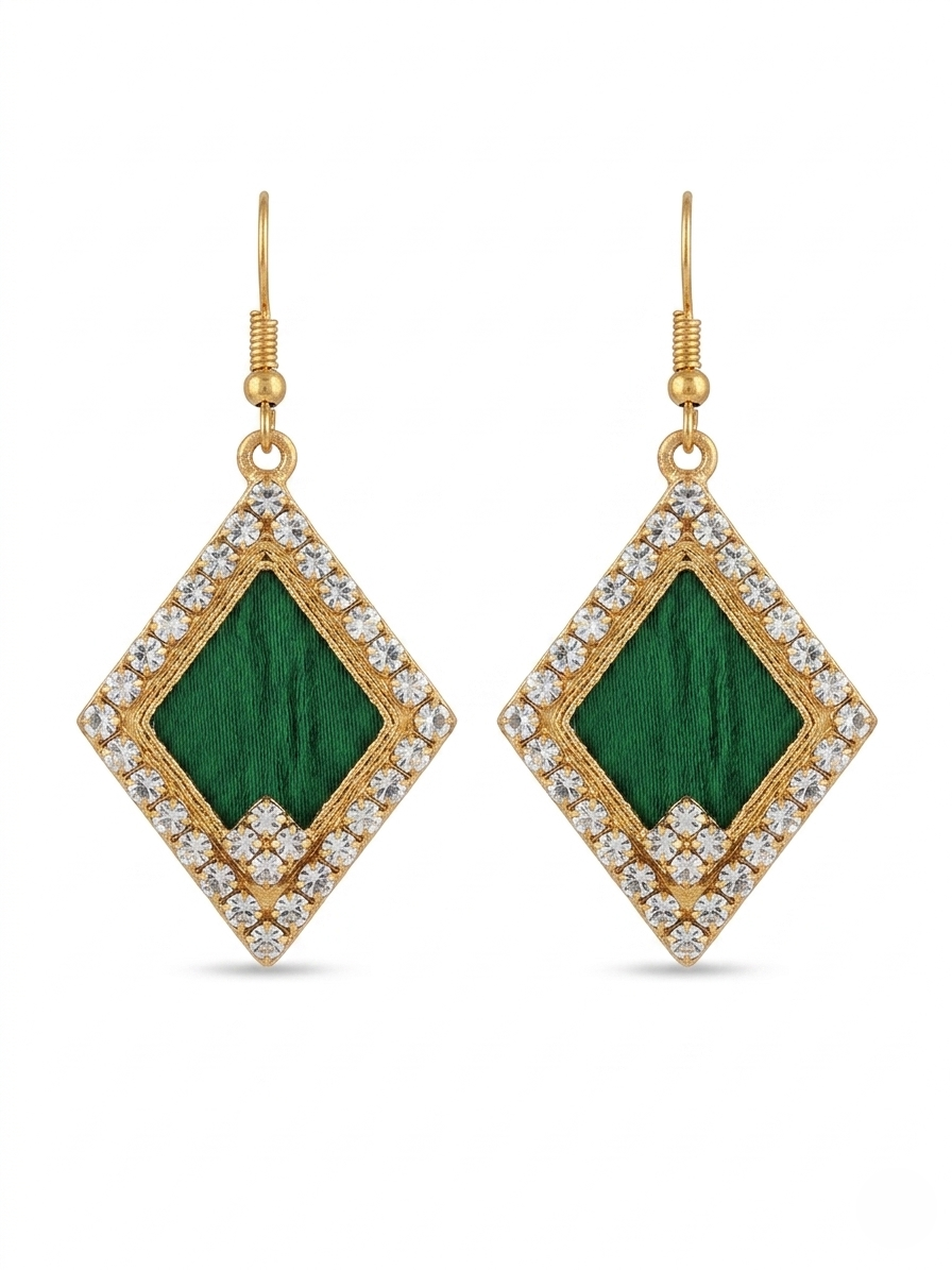 Green Crystal Diamond Drop Earrings – Gold & Rhinestone