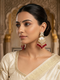 Antique Gold-Plated Ruby Red Chandbali Earrings with Mother-of-Pearl Inlay