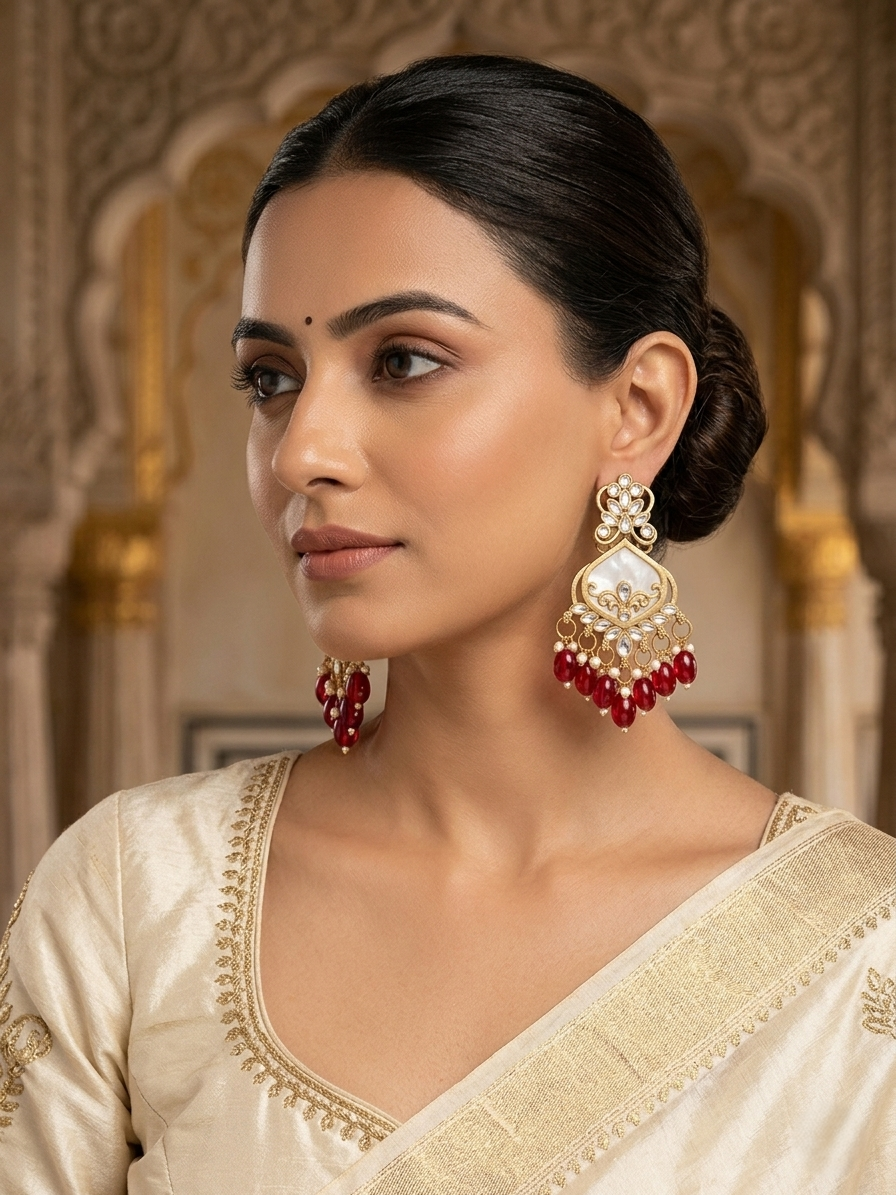 Antique Gold-Plated Ruby Red Chandbali Earrings with Mother-of-Pearl Inlay