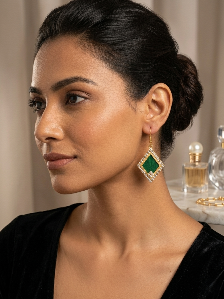 Green Crystal Diamond Drop Earrings – Gold & Rhinestone