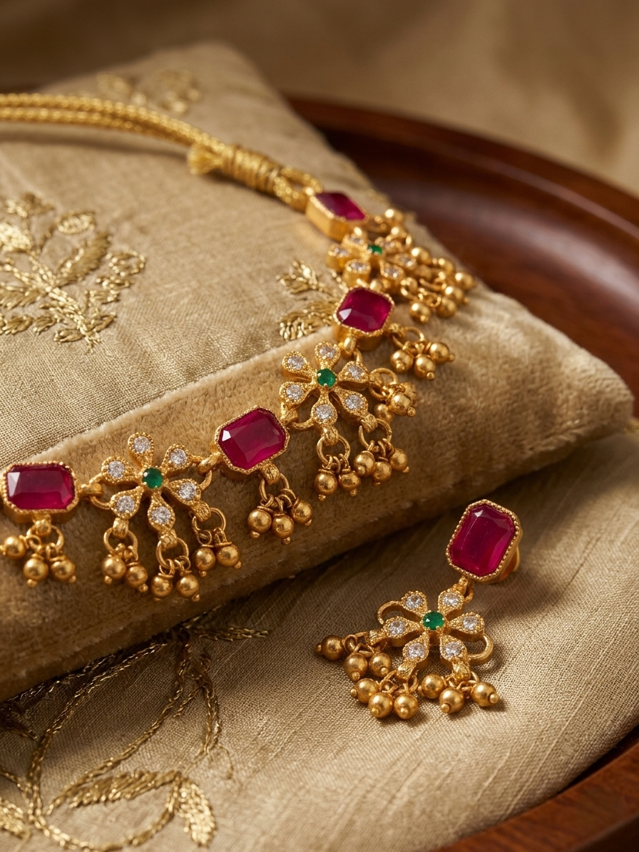 Royal Ruby & Emerald Floral Necklace Set