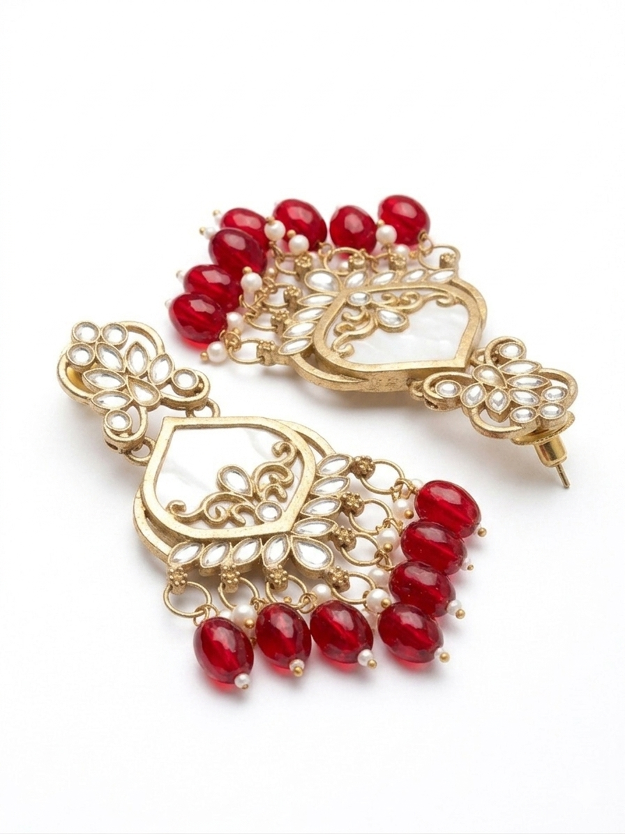 Antique Gold-Plated Ruby Red Chandbali Earrings with Mother-of-Pearl Inlay