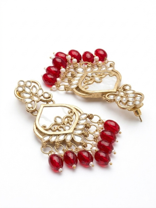 Antique Gold-Plated Ruby Red Chandbali Earrings with Mother-of-Pearl Inlay