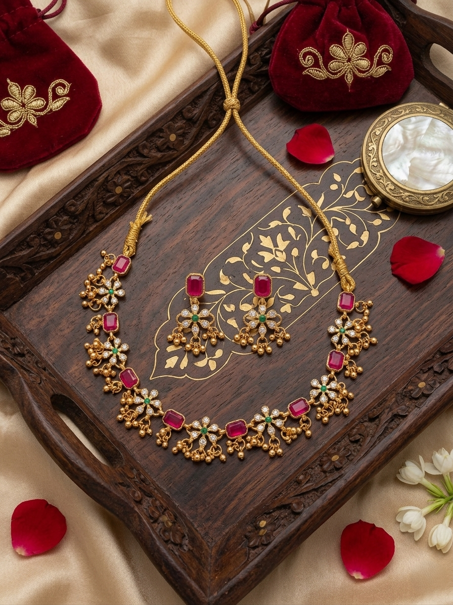 Royal Ruby & Emerald Floral Necklace Set