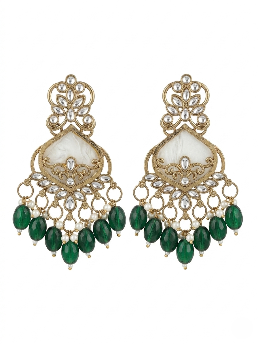 Antique Gold-Plated Emerald Green Chandbali Earrings with Mother-of-Pearl Detail