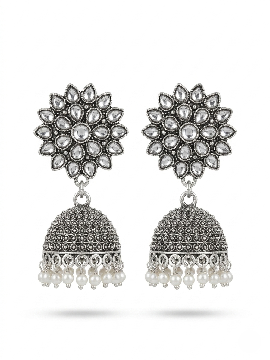 Silver Jhumka Earrings with Teardrop Crystals & Pearl Beads – Floral Ethnic Drop Earrings