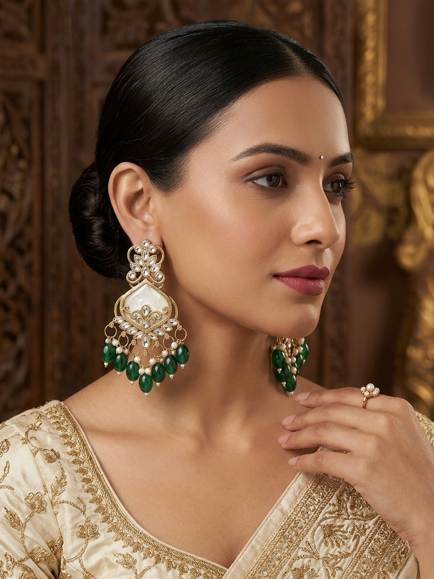Antique Gold-Plated Emerald Green Chandbali Earrings with Mother-of-Pearl Detail
