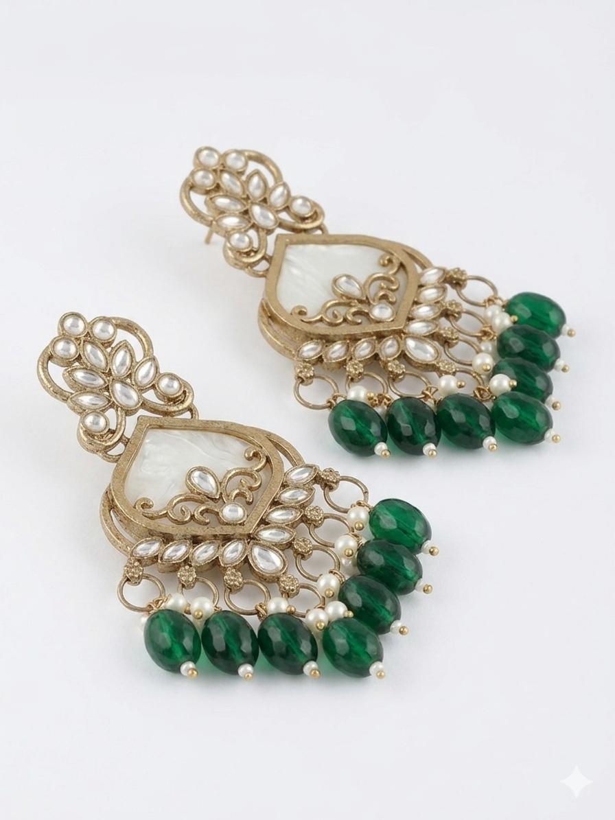 Antique Gold-Plated Emerald Green Chandbali Earrings with Mother-of-Pearl Detail