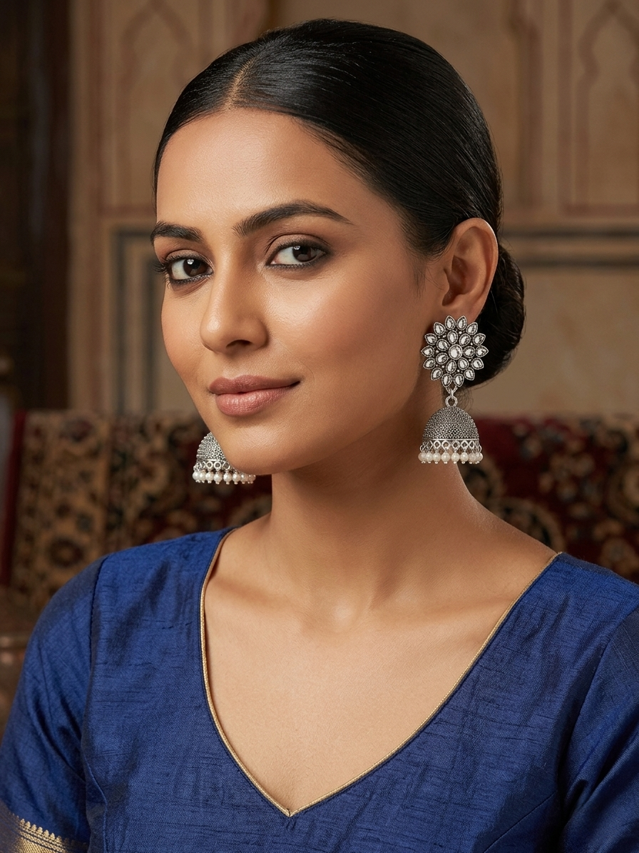 Silver Jhumka Earrings with Teardrop Crystals & Pearl Beads – Floral Ethnic Drop Earrings