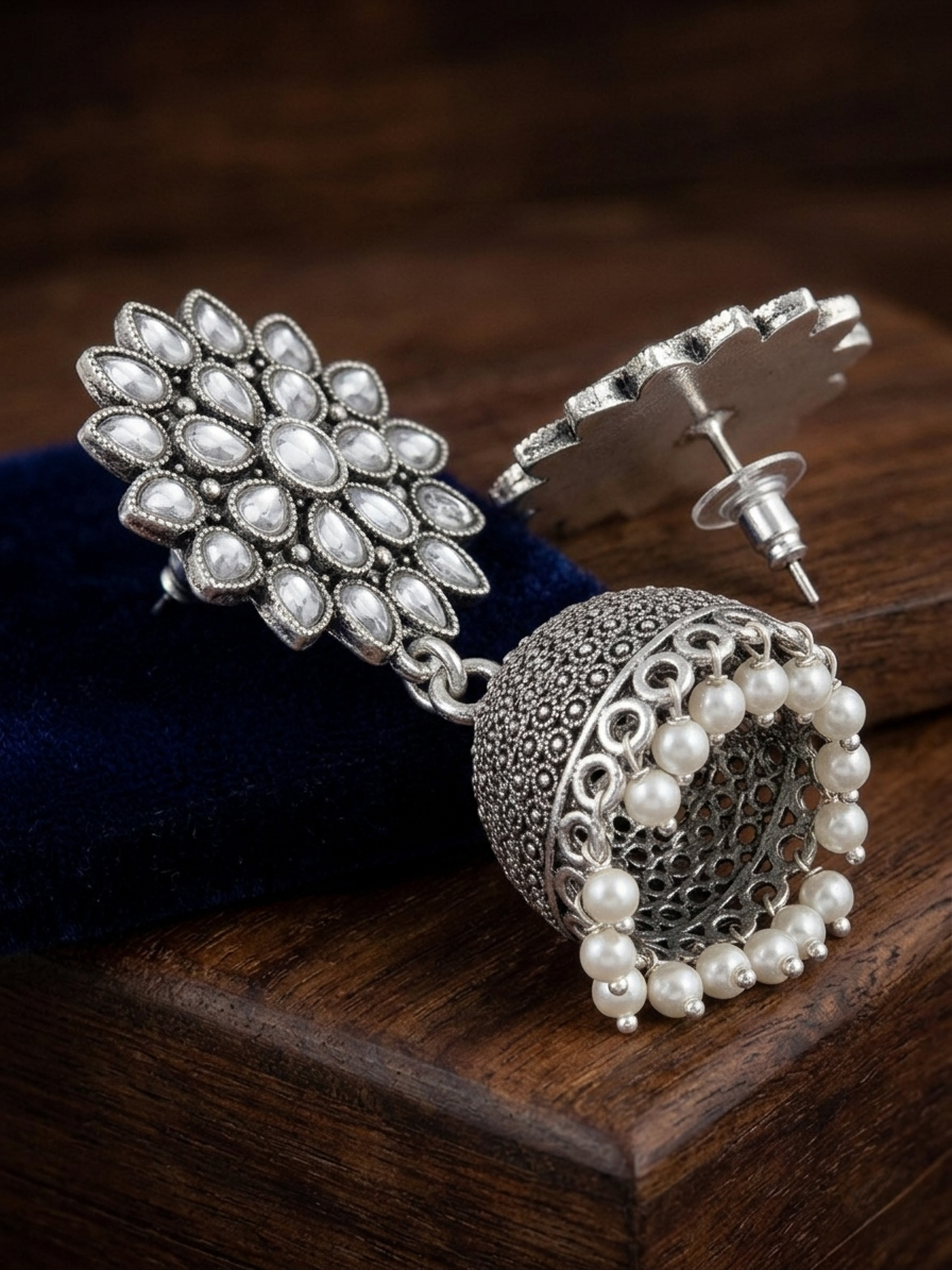 Silver Jhumka Earrings with Teardrop Crystals & Pearl Beads – Floral Ethnic Drop Earrings