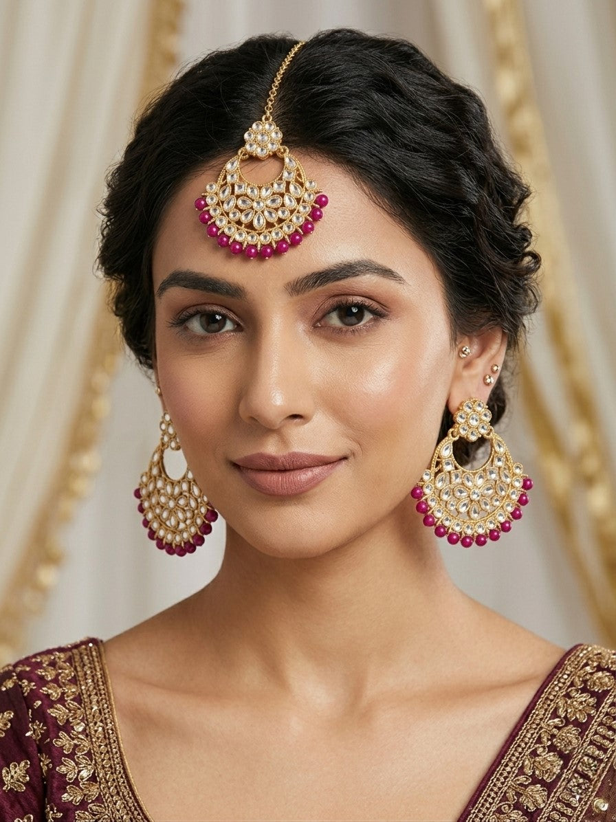 Traditional Flower Motif Chandbali Earring Set with Matching Tikka