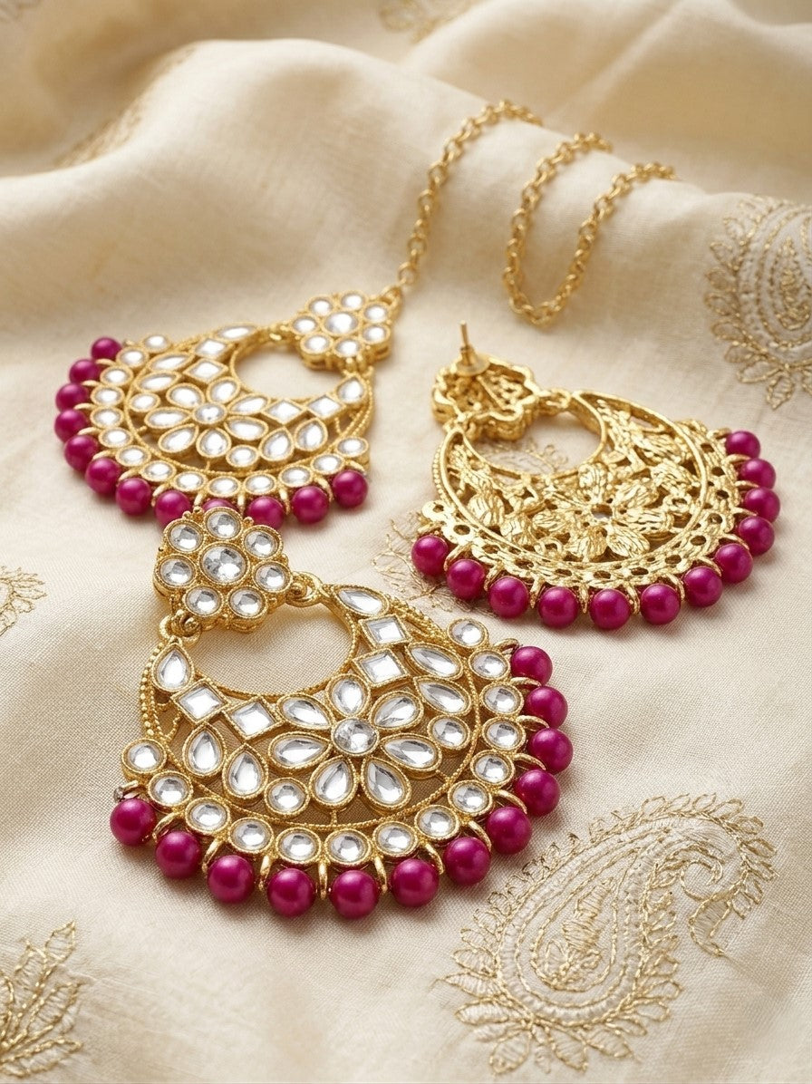 Traditional Flower Motif Chandbali Earring Set with Matching Tikka