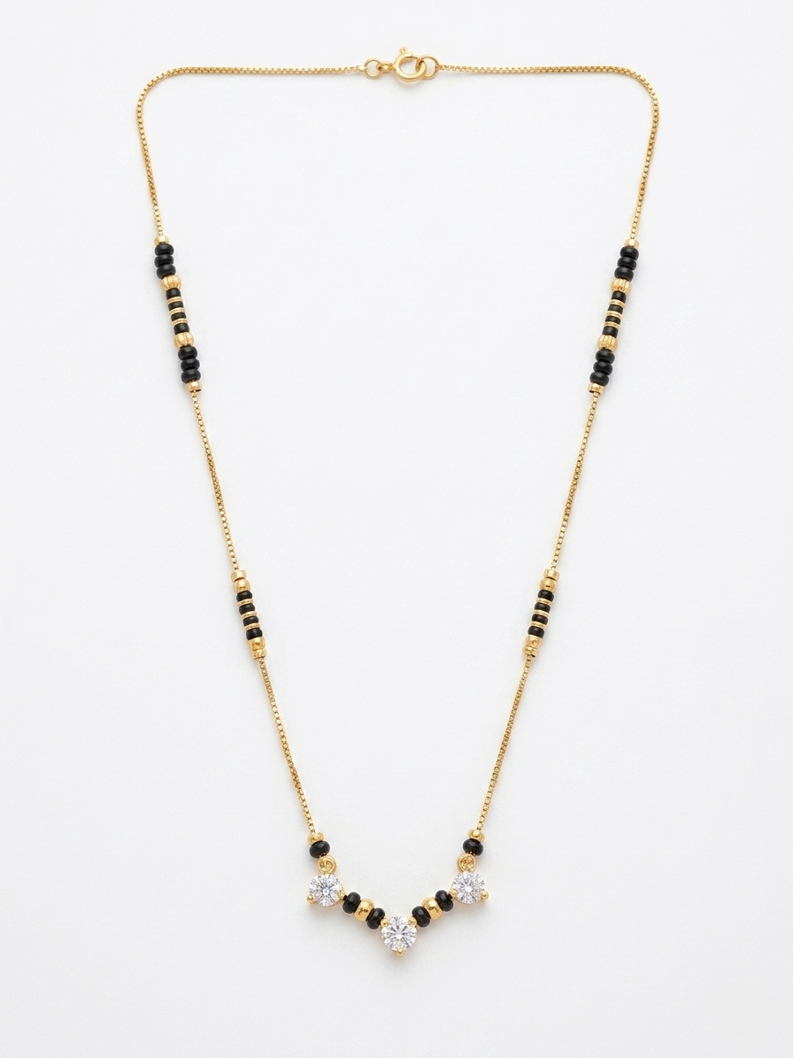 Diamond Mangalsutra – Gold & Black Bead Necklace with 3 Crystal Drops
