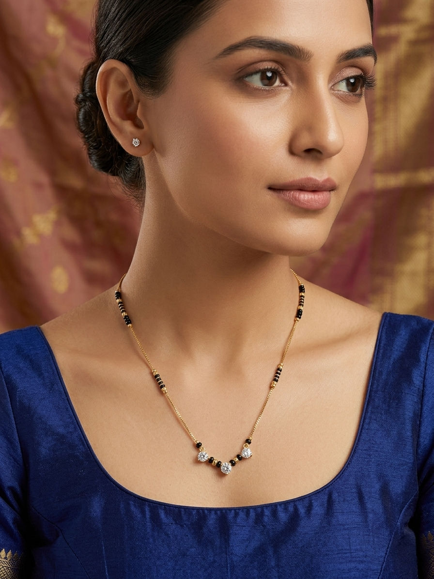 Diamond Mangalsutra – Gold & Black Bead Necklace with 3 Crystal Drops
