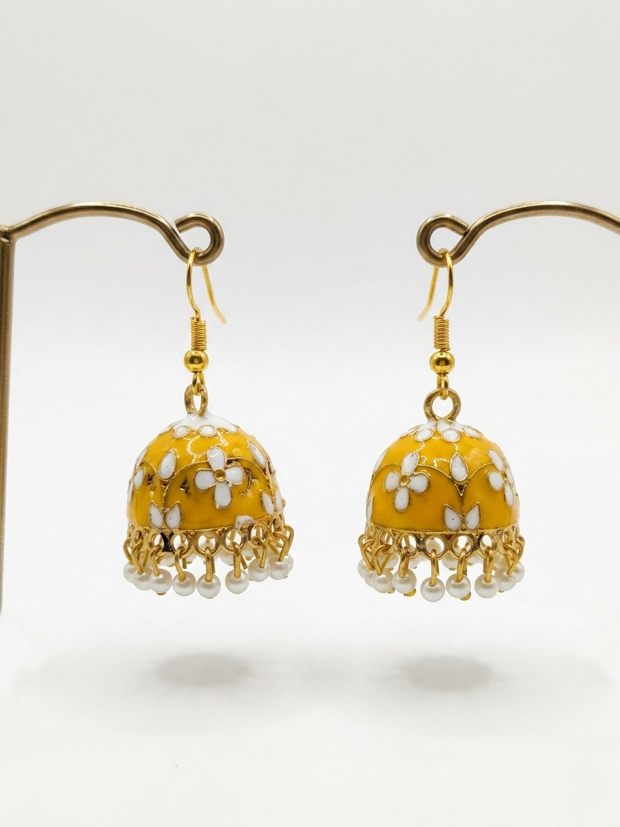 Traditional Yellow Meenakari Floral Jhumka Earrings with Pearl Drops