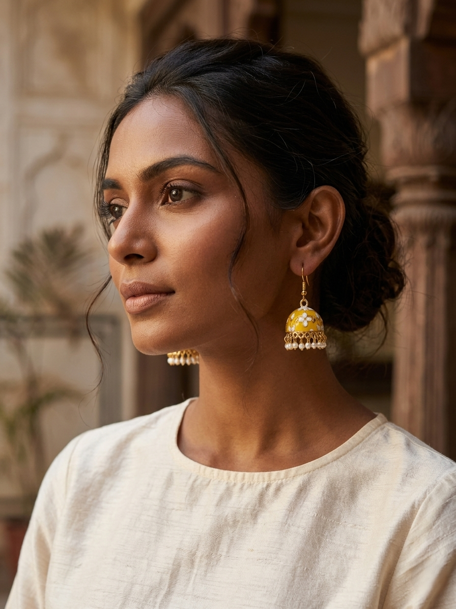 Traditional Yellow Meenakari Floral Jhumka Earrings with Pearl Drops