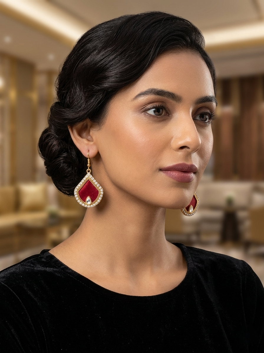 Teardrop Shape Red Crystal Drop Earrings – White Rhinestone & Gold