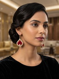 Teardrop Shape Red Crystal Drop Earrings – White Rhinestone & Gold