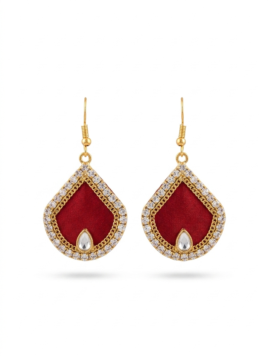 Teardrop Shape Red Crystal Drop Earrings – White Rhinestone & Gold