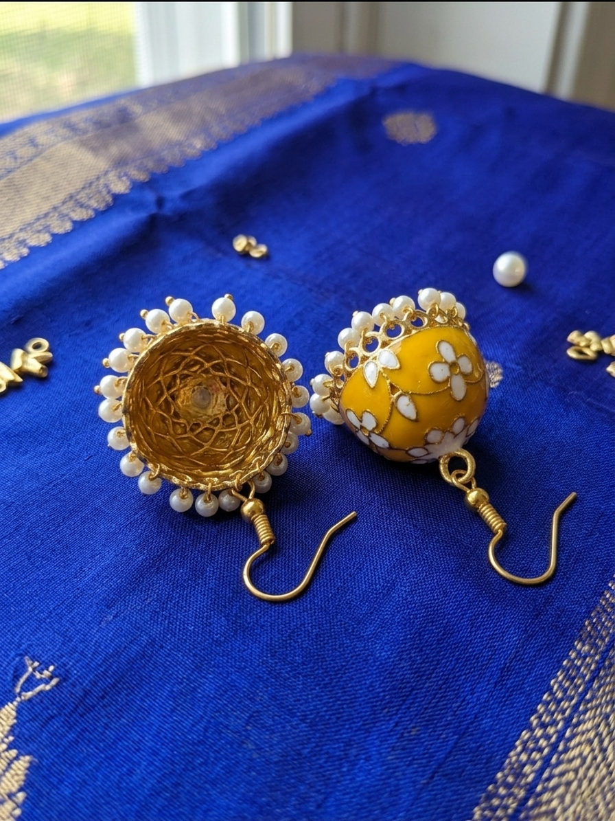 Traditional Yellow Meenakari Floral Jhumka Earrings with Pearl Drops