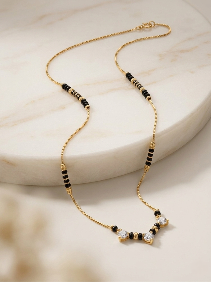 Diamond Mangalsutra – Gold & Black Bead Necklace with 3 Crystal Drops