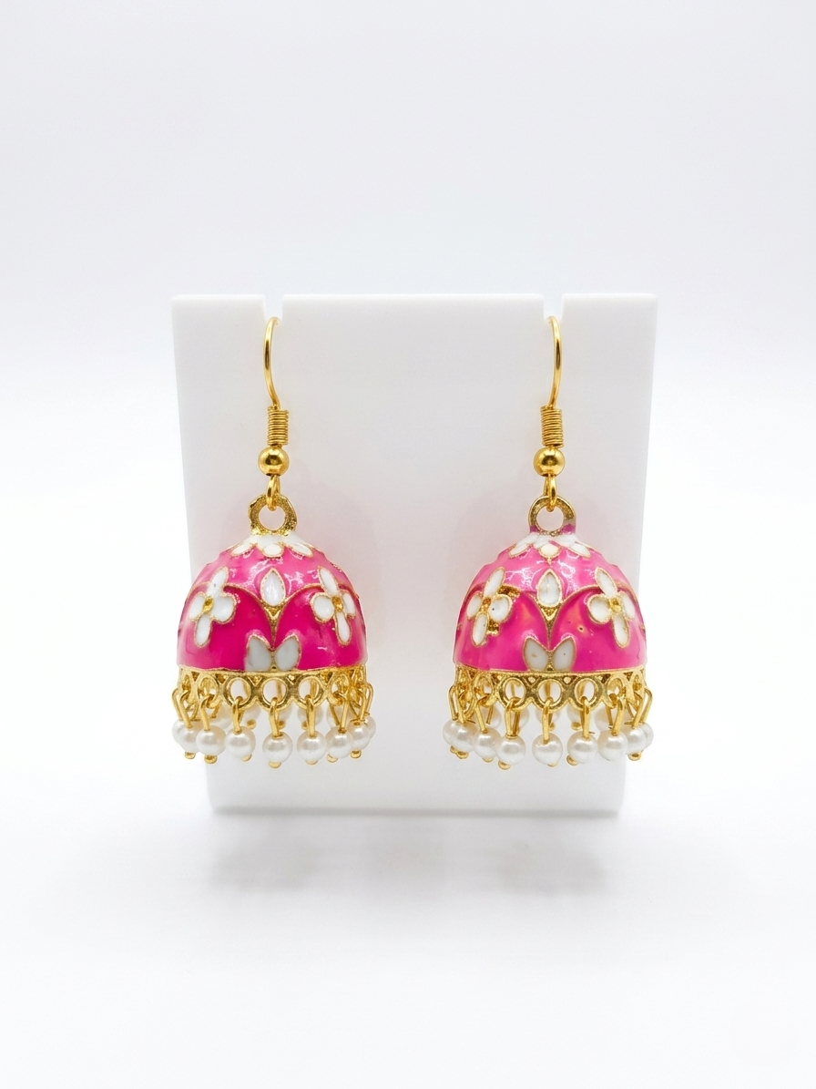 Traditional Pink Meenakari Jhumka Earrings with Faux Pearl Drops