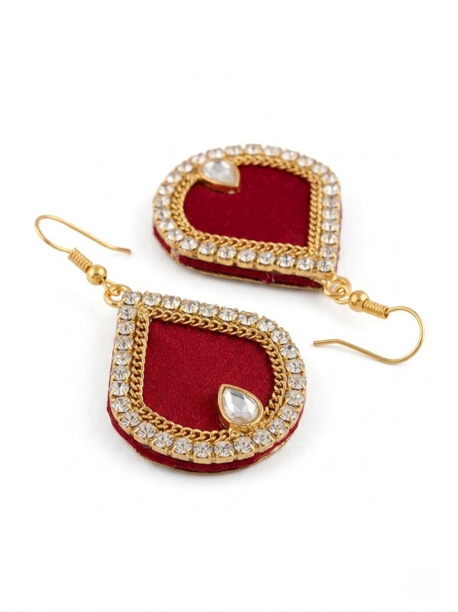 Heart Shape Red Crystal Drop Earrings – Rhinestone Border & Gold Hook