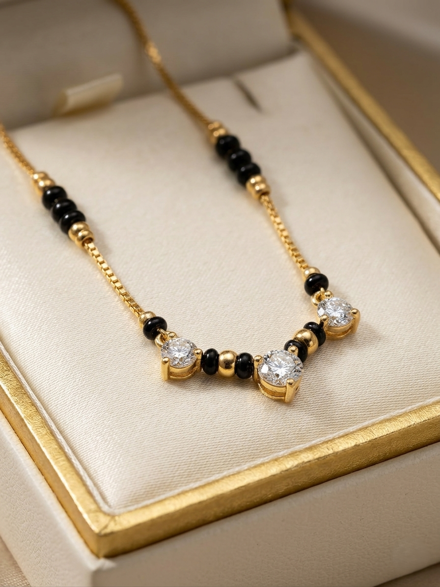 Diamond Mangalsutra – Gold & Black Bead Necklace with 3 Crystal Drops