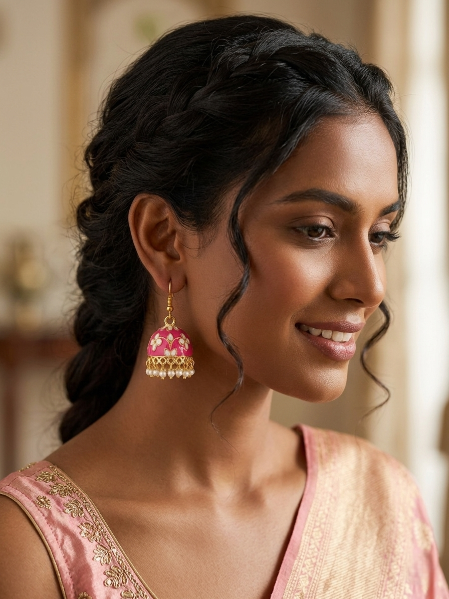 Traditional Pink Meenakari Jhumka Earrings with Faux Pearl Drops