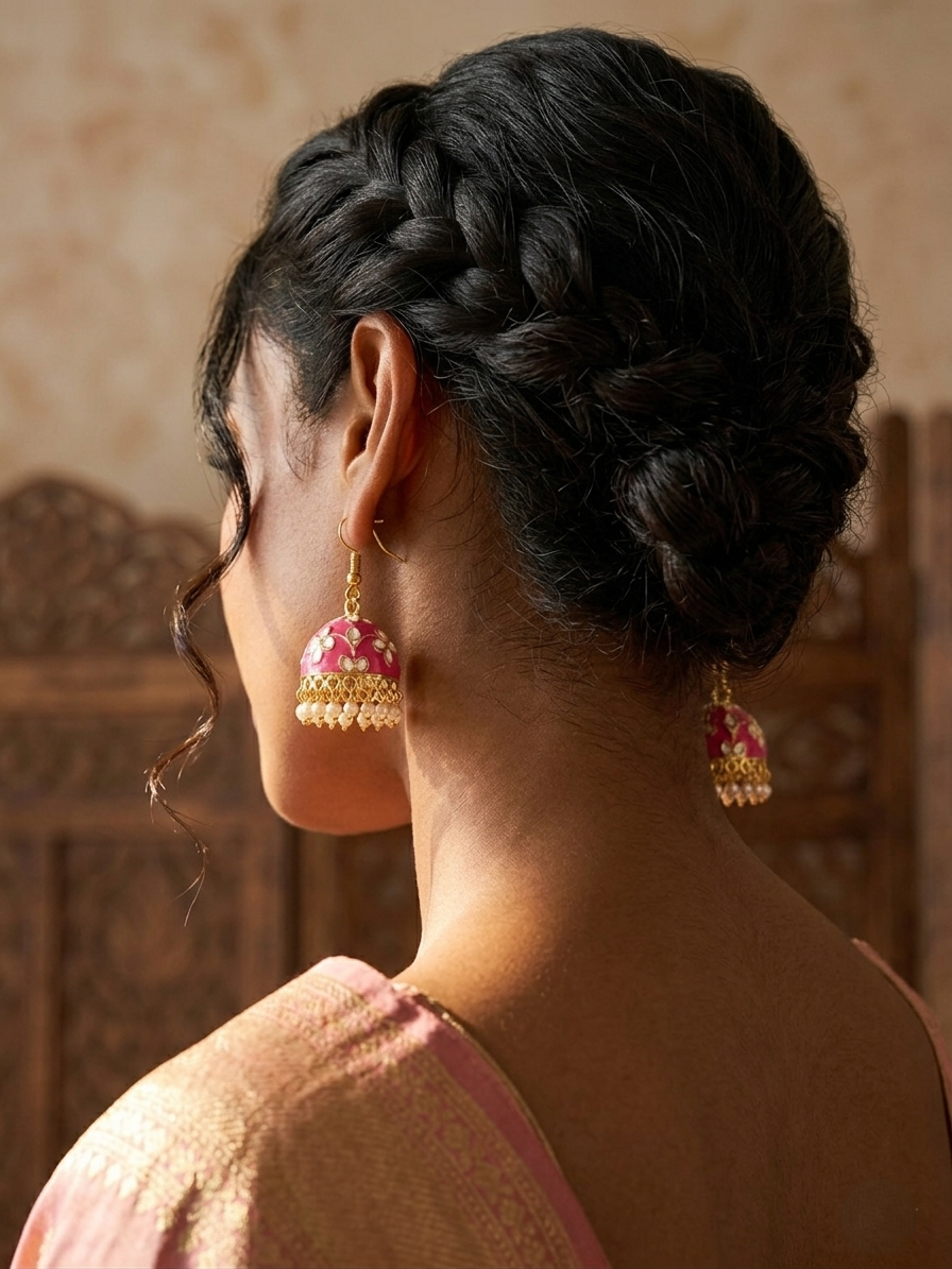 Traditional Pink Meenakari Jhumka Earrings with Faux Pearl Drops